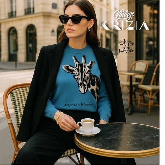 Krizia RARE 80s giraffe head crewneck cornflower blue sweater *shop@iamwarrior - Picture 1 of 15